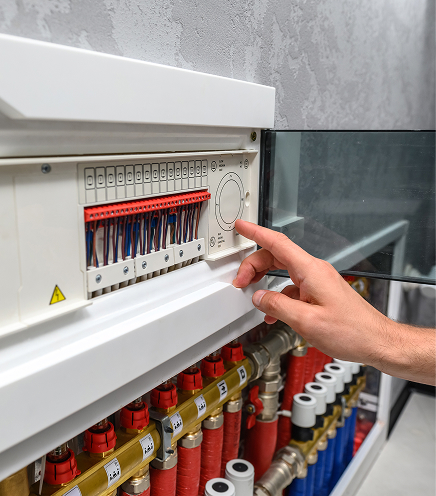 Main contrôlant un panneau de commande électrique.